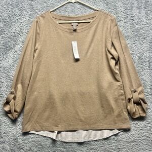 Chicos Top Women 2 US Large Tan Stripe Underlay Layered Roll Tab High Low Preppy